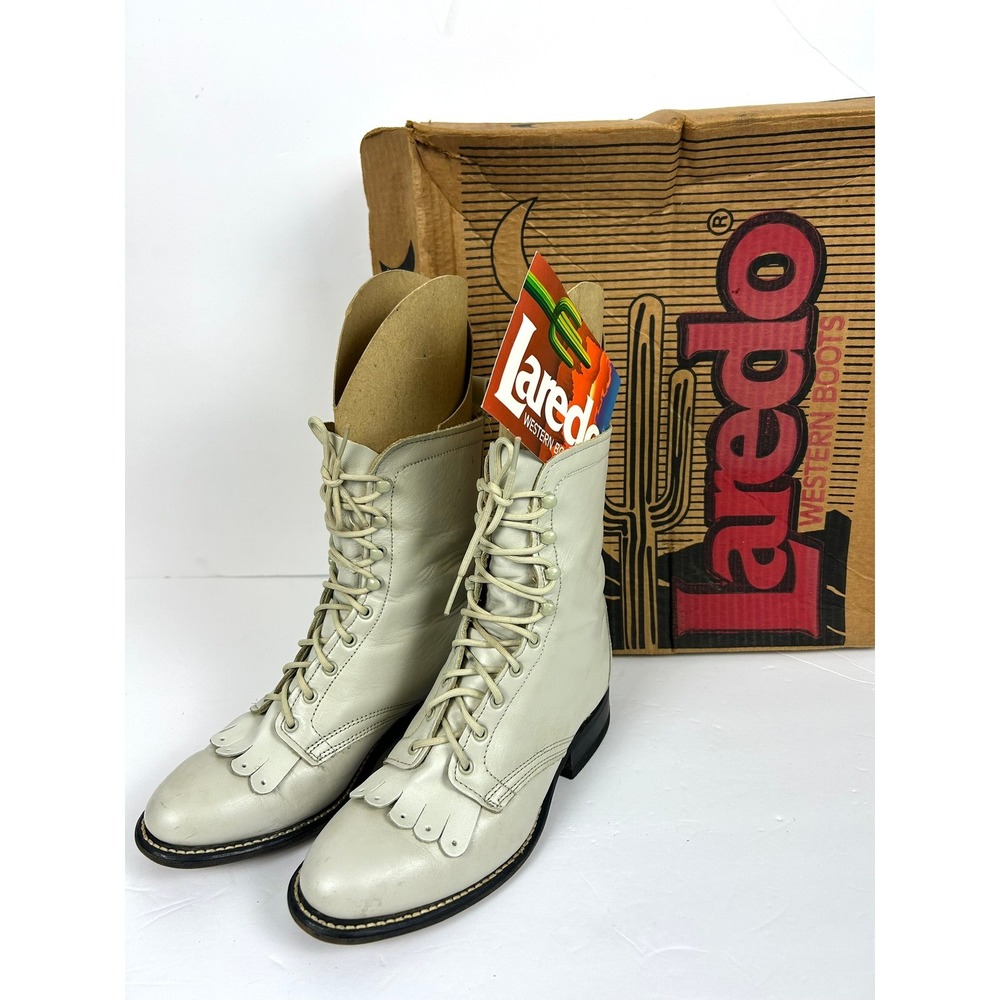 Laredo Western White Boots‎ 6 Lace Up Fringe Leather Cowgirl Vintage Granny Box